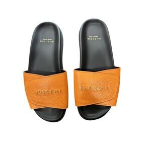 BUSCEMI Mens Scratch Spellout Logo Slides Sandals Orange (MSRP $375) Size 39